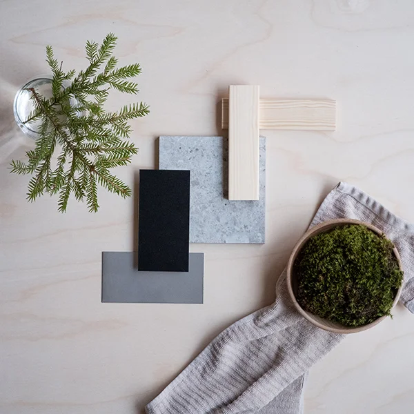 Bastuhus med relax, moodboard med material