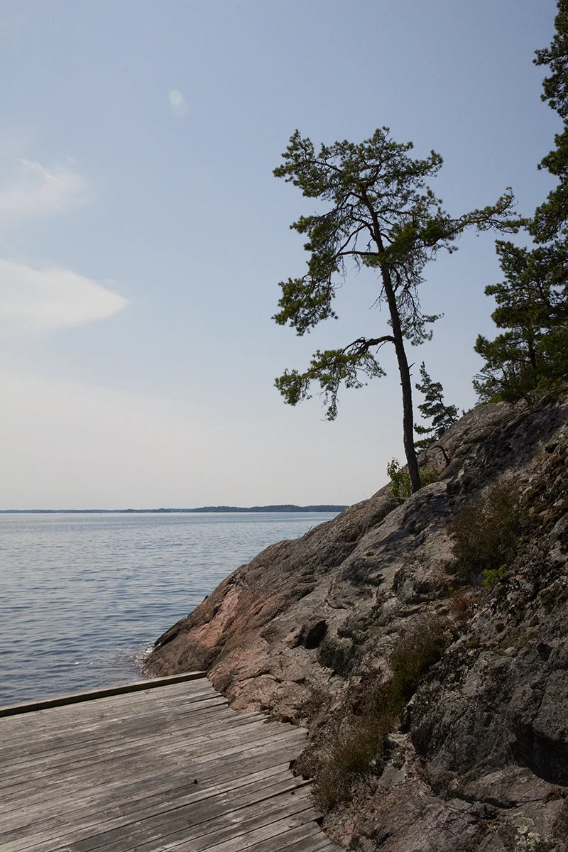 Klippa med en tall på, vid havet. En brygga går längs med vattnet in mot klippan.