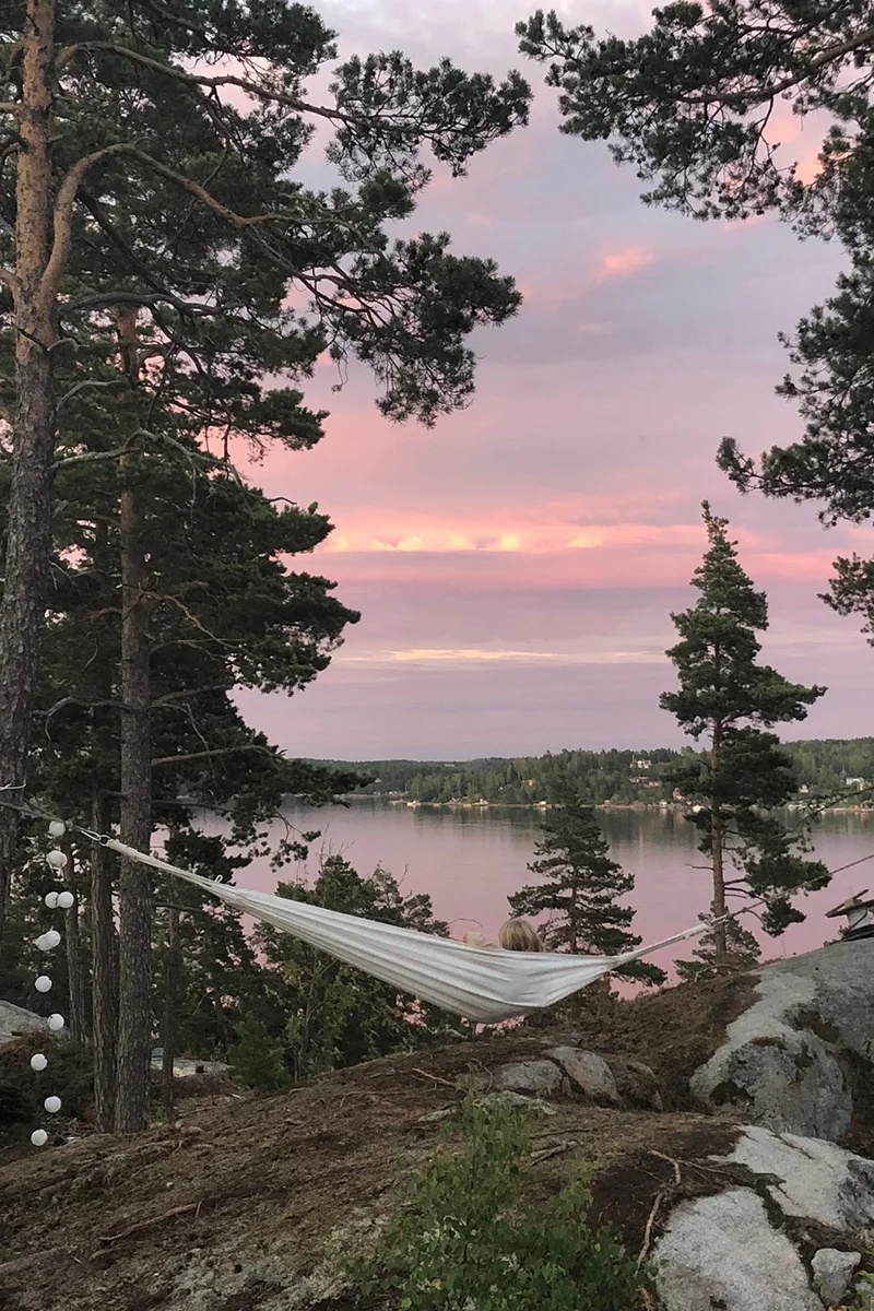 Havsutsikt från visningshuset på Stora Timrarön. På en klippa mellan träden hänger en hängmatta