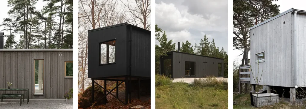 Kollage med fyra småhus från Enkelrum i olika grundläggningar