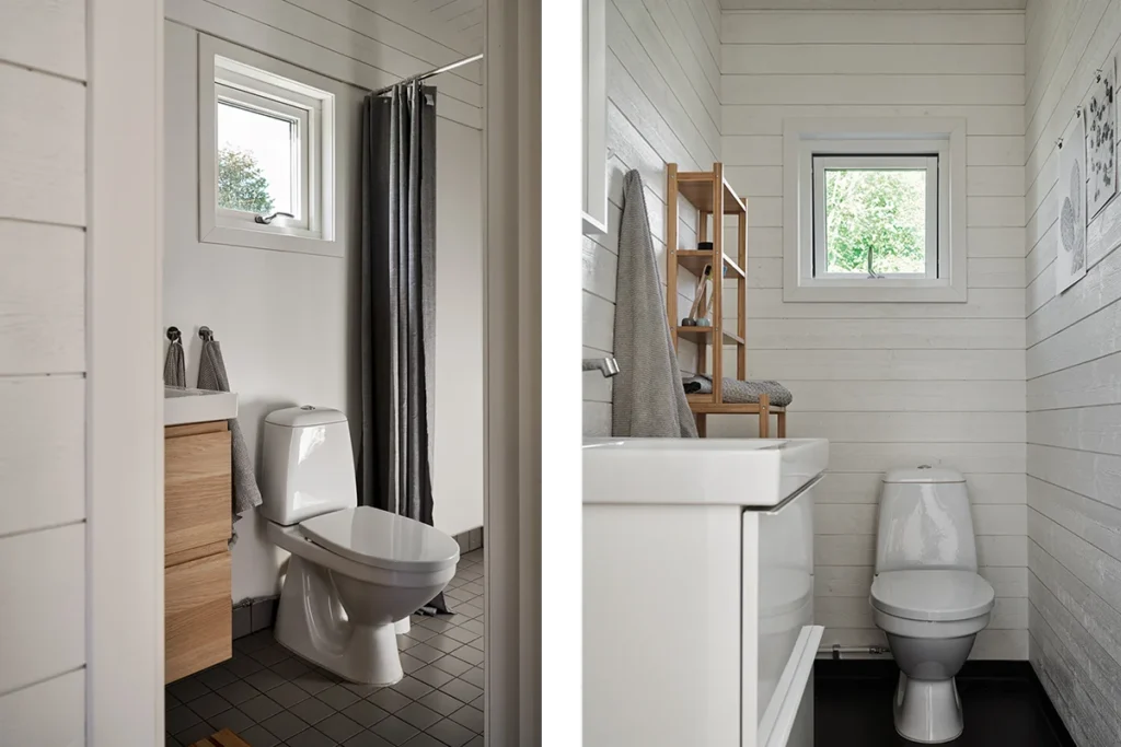 Kollage med två badrum, båda har vita väggar, toalett och handfat