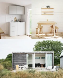 Kollage med interiör- och exteriörbilder för Enkelrums samarbete med Nordconcept