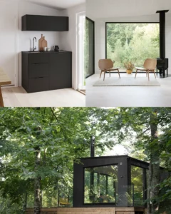 Kollage med interiör- och exteriörbilder för Enkelrums samarbete med Nordconcept