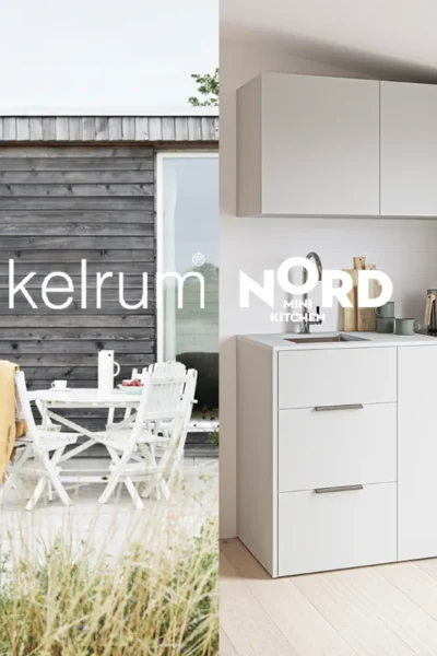 Kollage med exteriör och kök för Enkelrums samarbete med Nordconcept