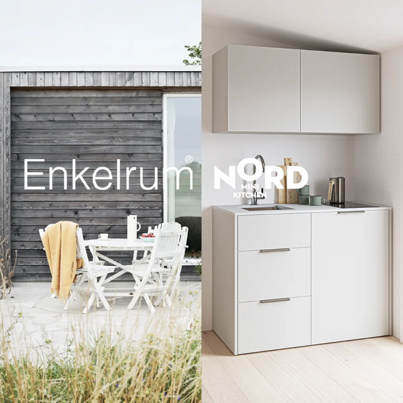 Kollage med exteriör och kök för Enkelrums samarbete med Nordconcept