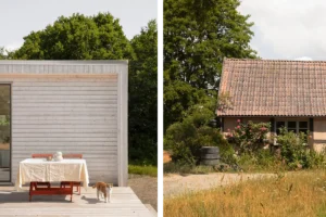 Kollage med attefallshus i trä och gammalt hus