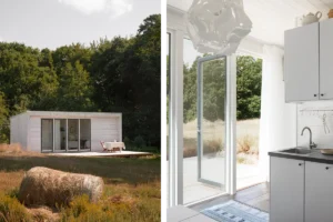 Kollage med exteriör av ett attefallshus och vy från kök genom fönster