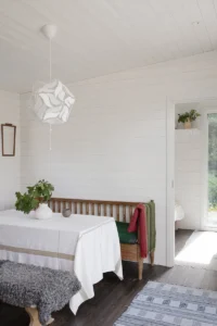 Matgrupp i attefallshus med vit träpanel