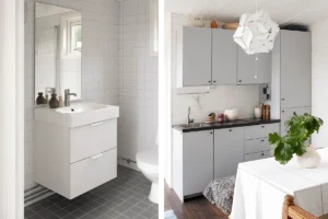 Kollage med helkaklat badrum och grått kök