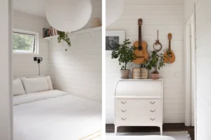 Kollage över sovrum i attefallshus. Vit träpanel, säng och byrå med dekorationer på väggen
