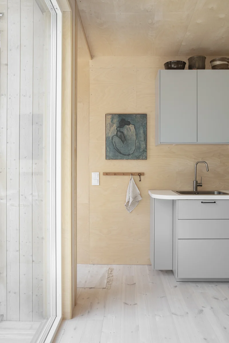 Grått kök i ett rum med plywoodväggar