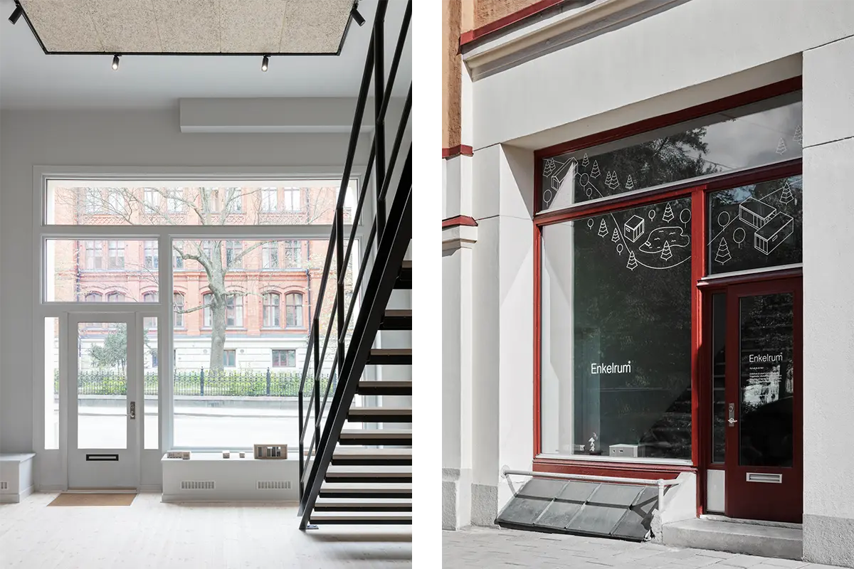 Kollage med kontor med stort skyltfönster inifrån och utifrån