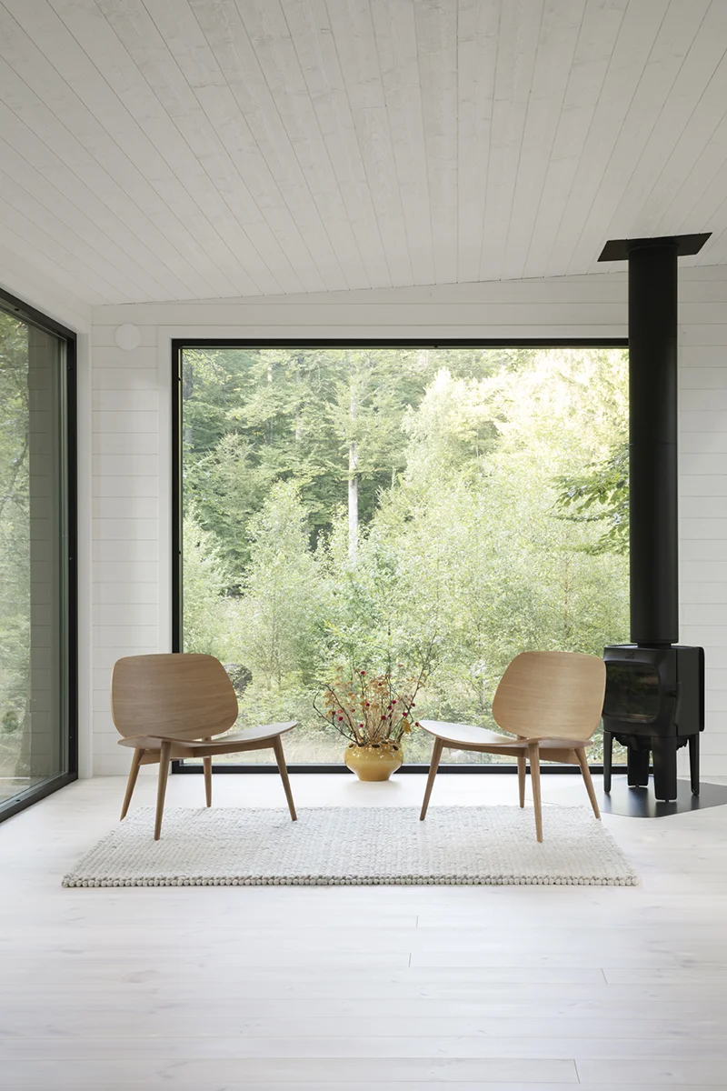 Living room with two armchairs on a rug in front of a large window showing a green forest